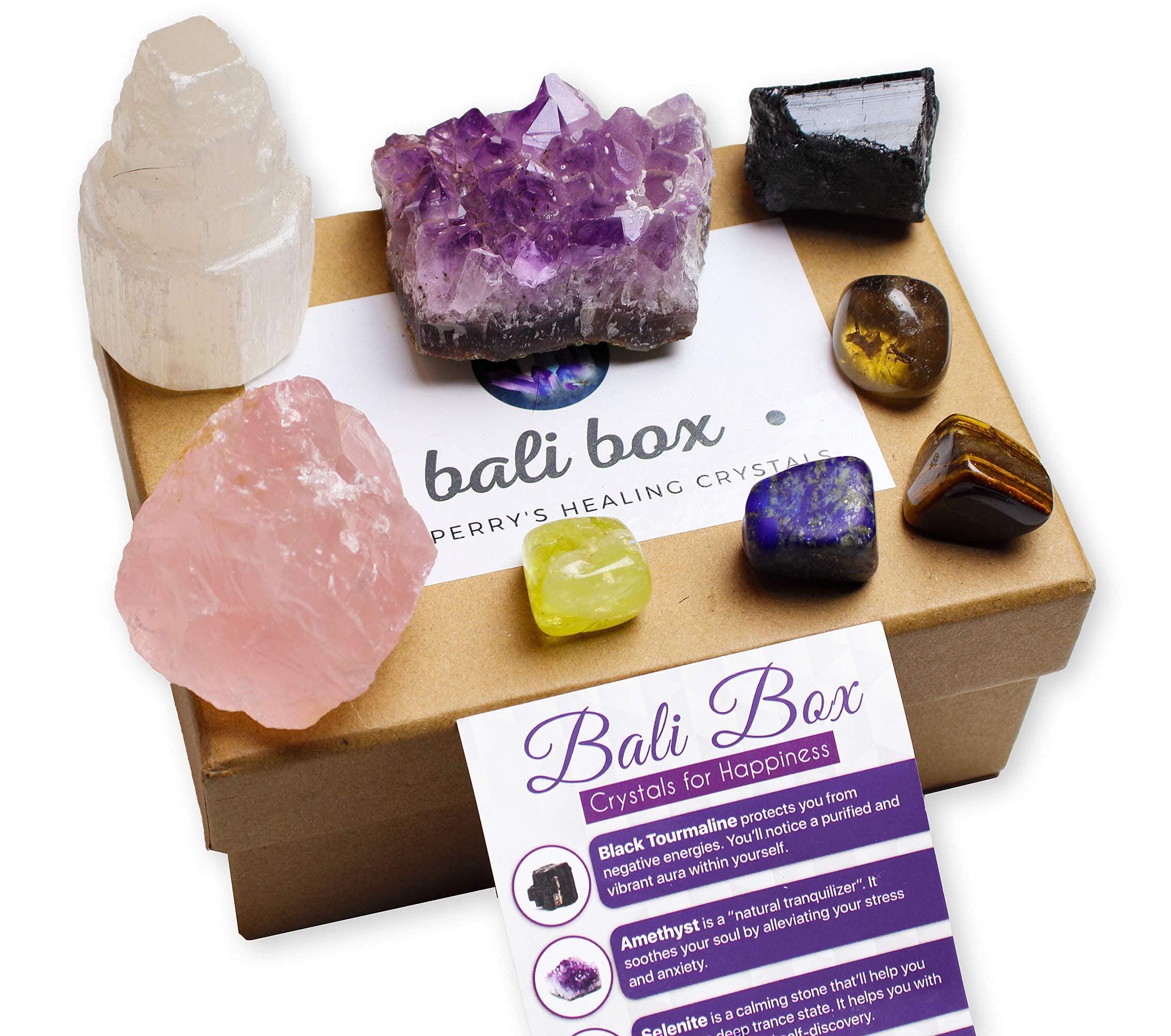AtPerry's Bali Box - Healing Crystals Set - 8 Natural Chakra Crystals Tumbled & Raw Including Selenite, Amethyst, Lapiz Lazuli & Black Tourmaline