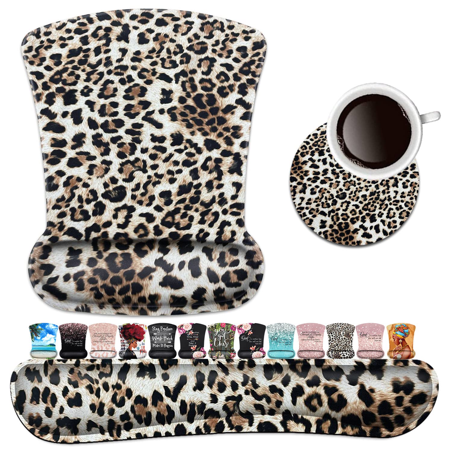 Photo 1 of Keyboard Wrist Rest Pad and Ergonomic Mouse Pad Wrist Support Set Leopard for Gaming, Office, Comfortable and Pain Relief with Coaster Set