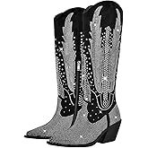 RONILURN Knee High Cowboy Boots for Women Cowgirl Western Boots Rhinestone Bling Pointed Toe Chunky Heel Pull On Fashion Shoes Tall Black Boot