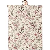 jwyta Vintage Bird Flannel Blanket,Pink Floral and Butterfly Throw Withelegant Botanical Style,Lightweight Fleece Blankets for Women,Couch,Cabin,Bed,Camping Romantic Decor Gifts,60x50in