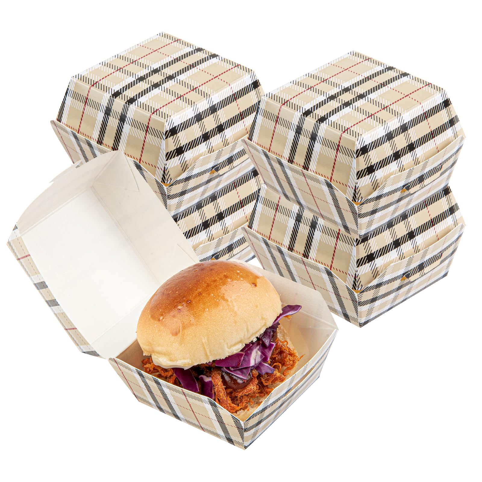 Photo 1 of Restaurantware 2.5 x 2.5 x 2 Inch Mini Burger Boxes 100 Clamshell Food Containers - Hinged Lid Disposable Plaid Paper Take Out Boxes Serve Sliders Or Finger Foods