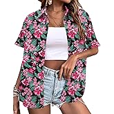 LOMON Women's Summer Hawaiian Shirts Floral Short Sleeve Button Down Shirts Hawaii Tropical Beach Tops Outfits