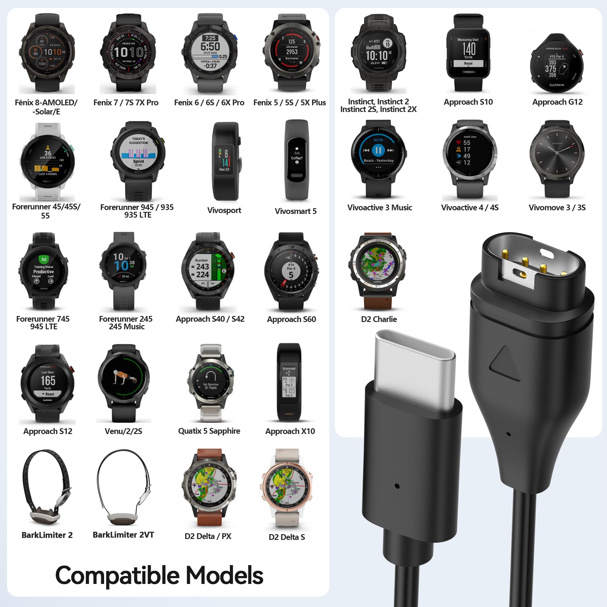 AWINNER Compatible with Garmin Watch Charger, USB-C Cable, 3ft, 2-Pack, Black