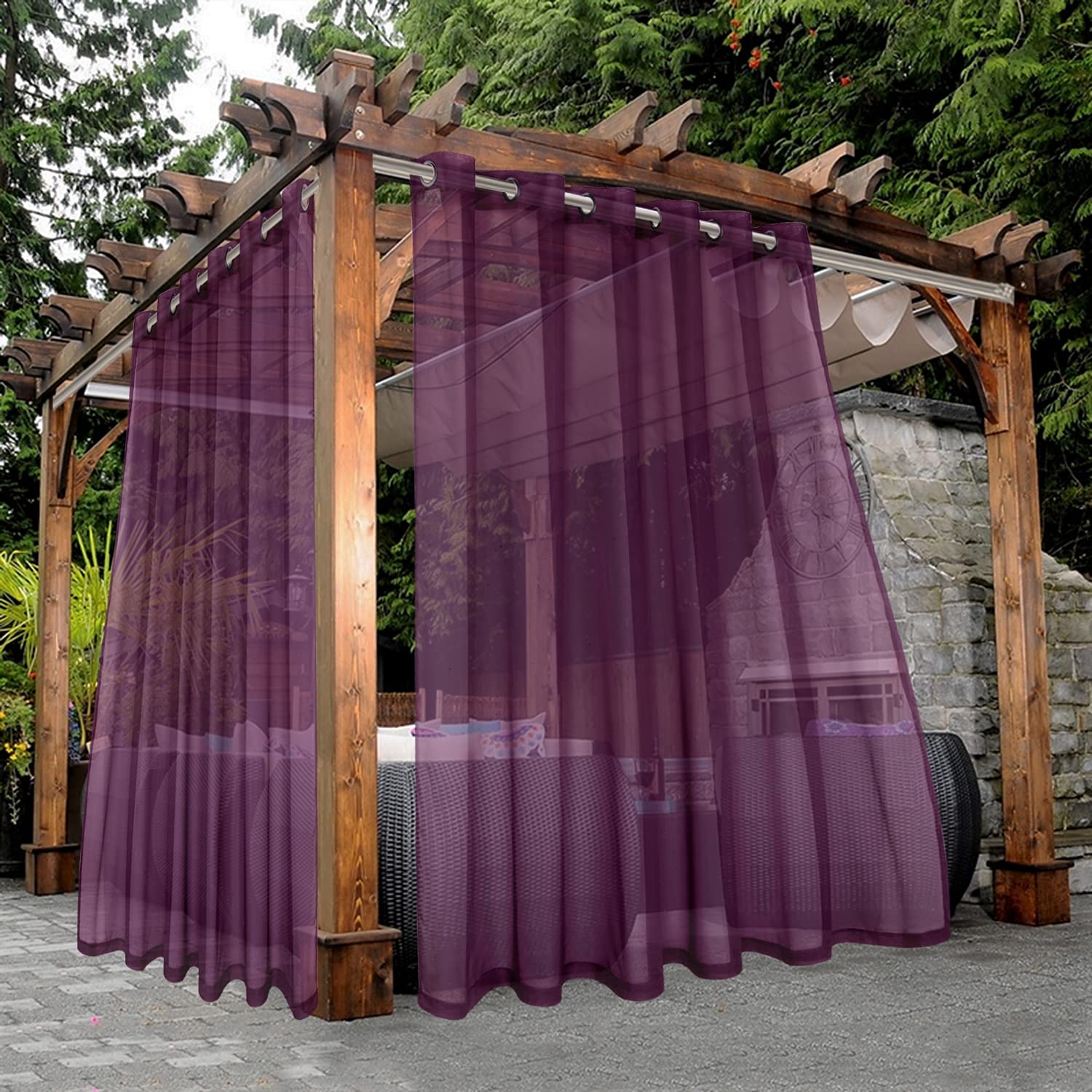 BONZER Waterproof Indoor/Outdoor Sheer Curtains for Patio - 2 Panels Wide Grommet Voile Curtains for Living Room, Bedroom, Porch, Pergola, Cabana, 100 x 108 inch, Plum