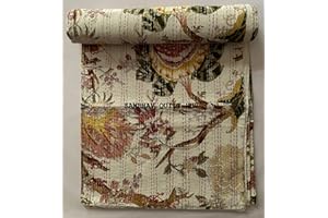 Sambhav Quilt Hub Hand Block Floral Print Handmade Cotton Block Kantha Quilting Boho Bedding Throw Blanket Hippie Queen/King Size Bohemian Floral Kantha Quilt (White 2, 108X108 inch)
