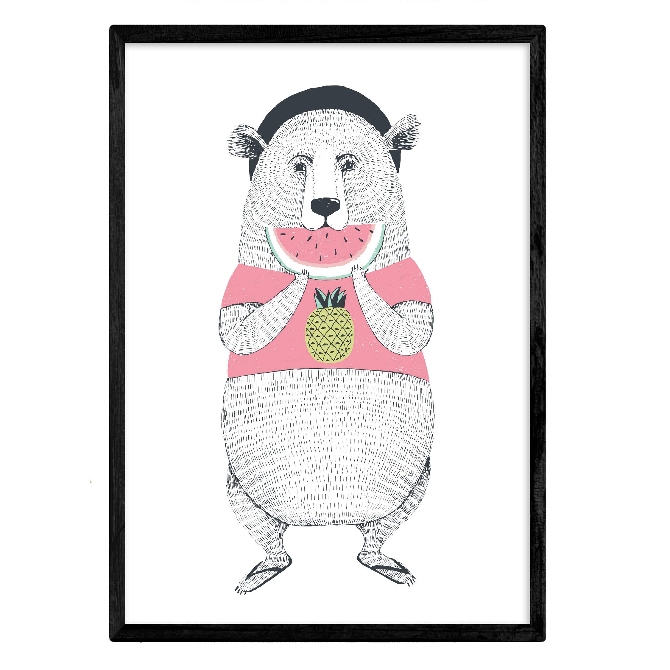 Nacnic Poster bear eating watermelon. Sheet of colorful animals. A4 size