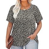 AKEWEI Womens Plus Size Tops 2026 Summer Short Sleeve Pleated Shirts Crew Neck Casual Loose Blouses Tunic XL-5XL