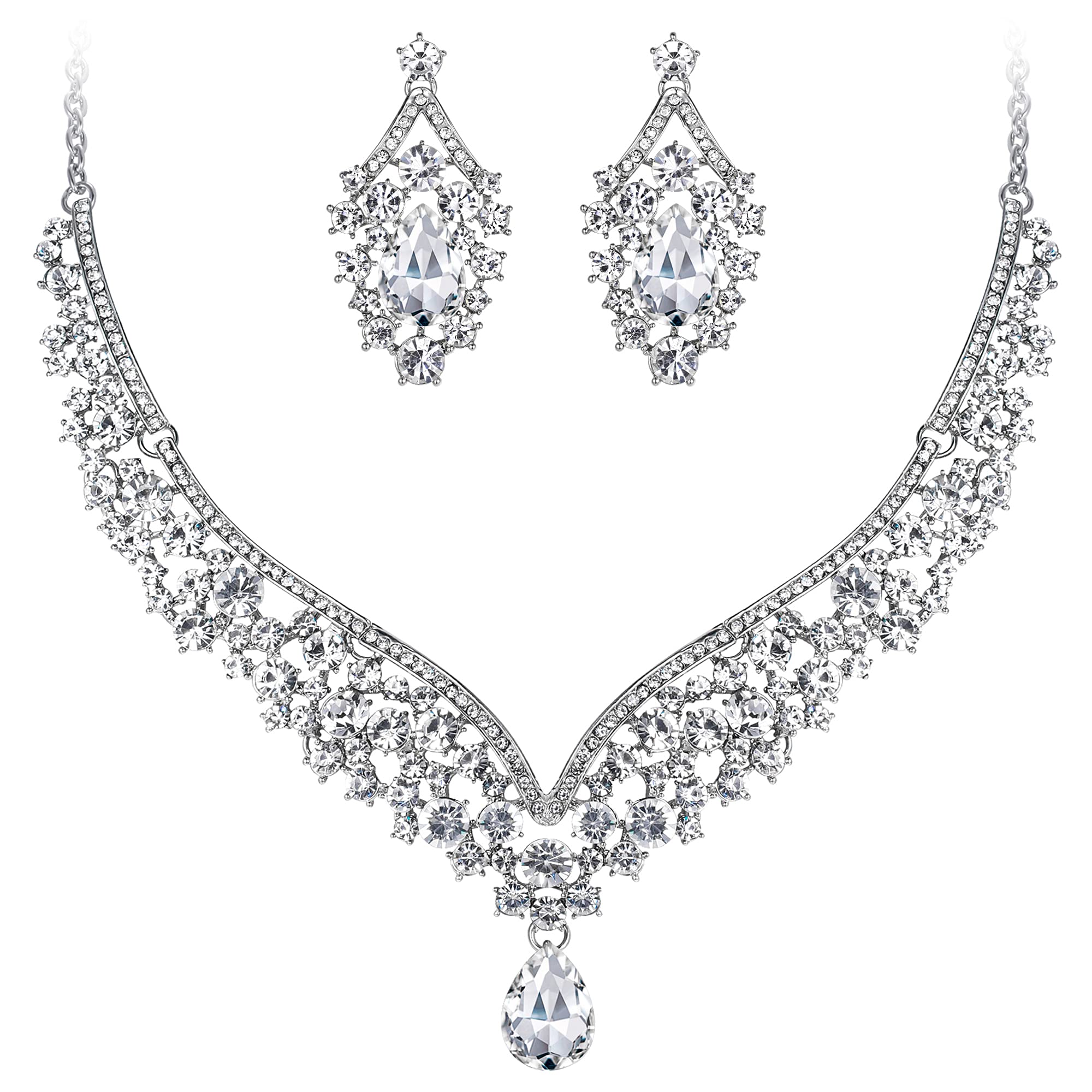 Ever Faith® Austrian Crystal Art Deco V-Shape Party Jewellery Set - Clear-Silver-Tone N01911-9