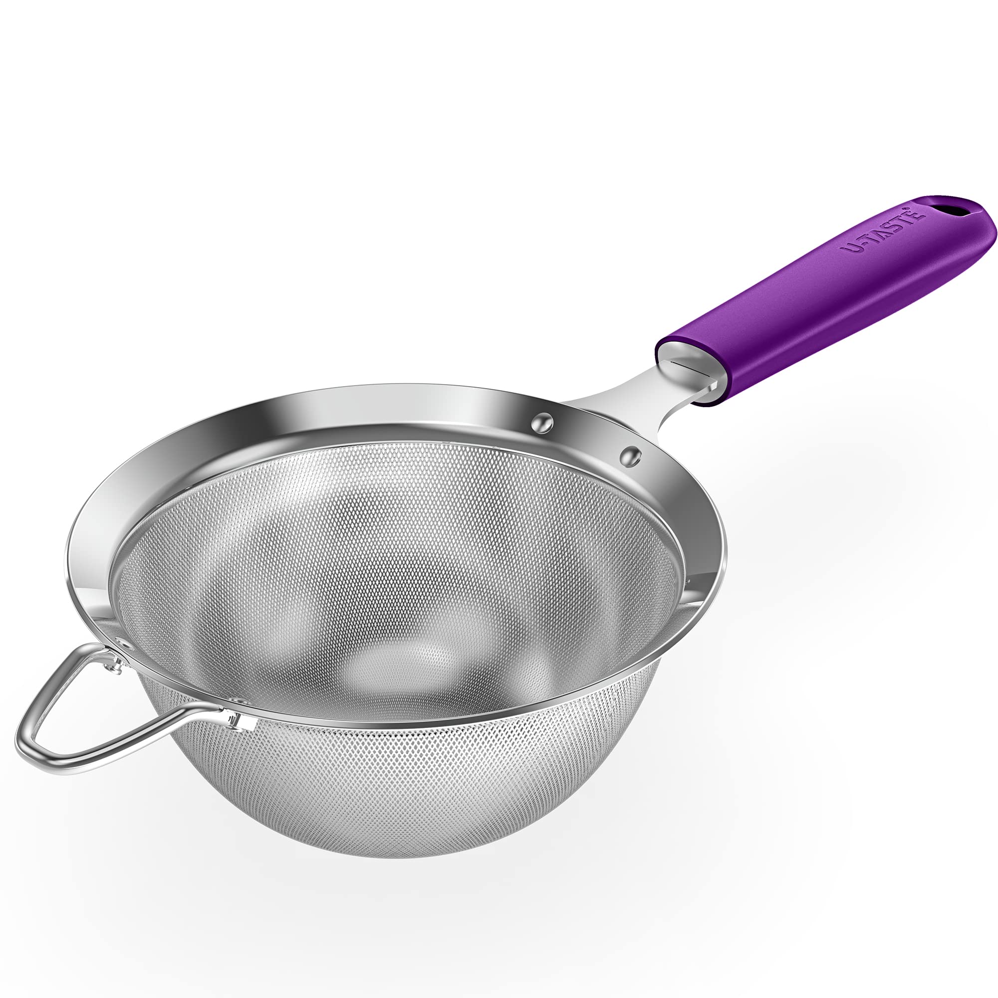 18/8 Stainless Steel Mesh Sieve: U-Taste Kitchen Metal Fine Mesh Sieve Strainer with Riveted Sturdy Silicone Handle and 30 Mesh Hole for Straining Flour, Tea, Coffee, Juice (Purple, 14 cm)