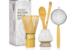 MANNILAYCO Matcha Whisk Set 5pcs – Bamboo Chasen with Holder, Chashaku Scoop, Spoon, Fine Mesh Sifter – Traditional Japanese Tea Tools for Tea Ceremony, Matcha Making Kit for Tea Lovers