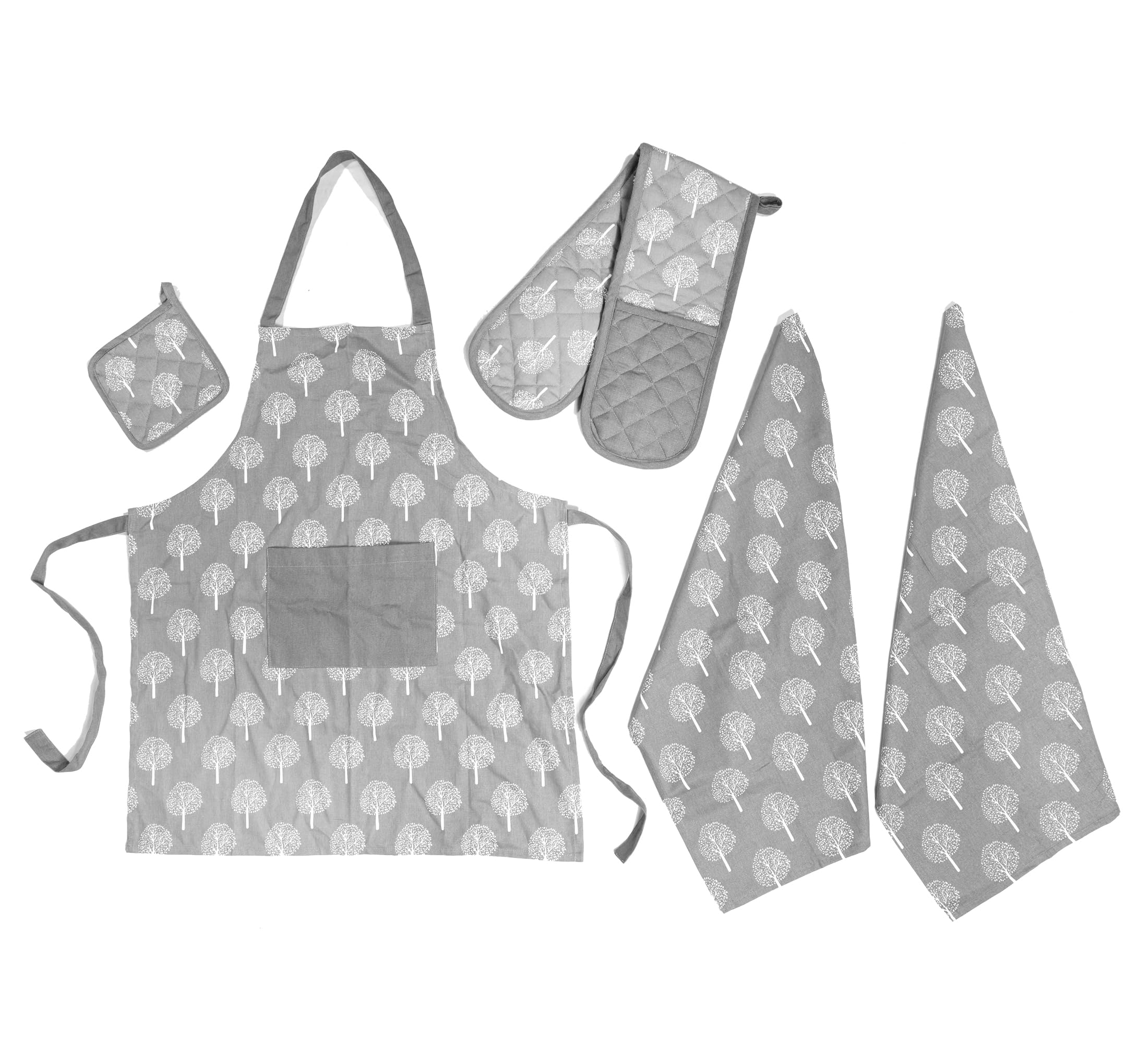 Olivia Rocco Kitchen Sets Apron Double Oven Gloves Towel Set Heat Resistant Oven Mitts Pot Holder for Home Kitchen Baking and Cooking Pack of 5, Trees Silver