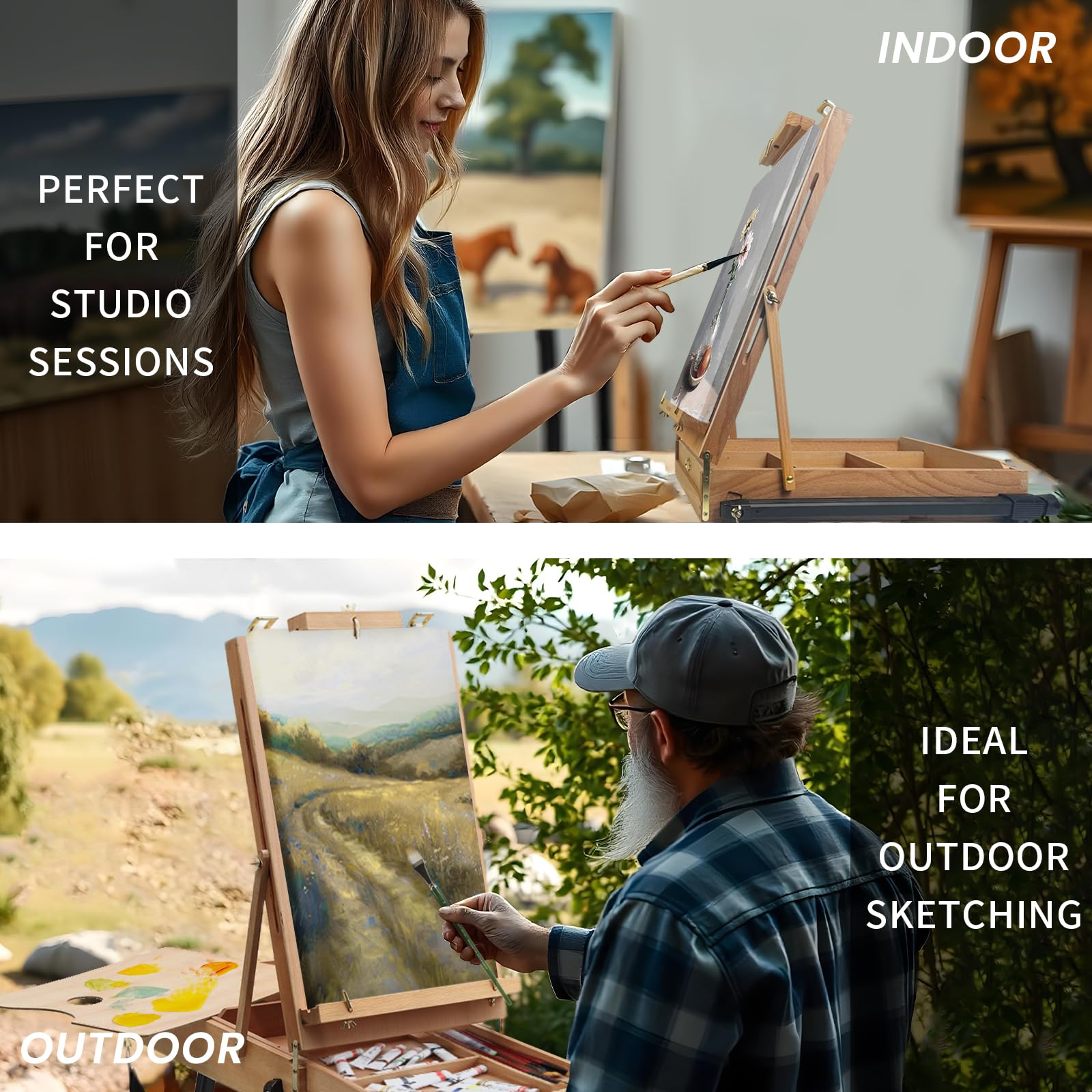 Falling in Art Light Weight French Style Field and Sketchebox Easel with Aluminum Tripod, Adjustable Beechwood Tripod Standing Easel with Drawer, Palette