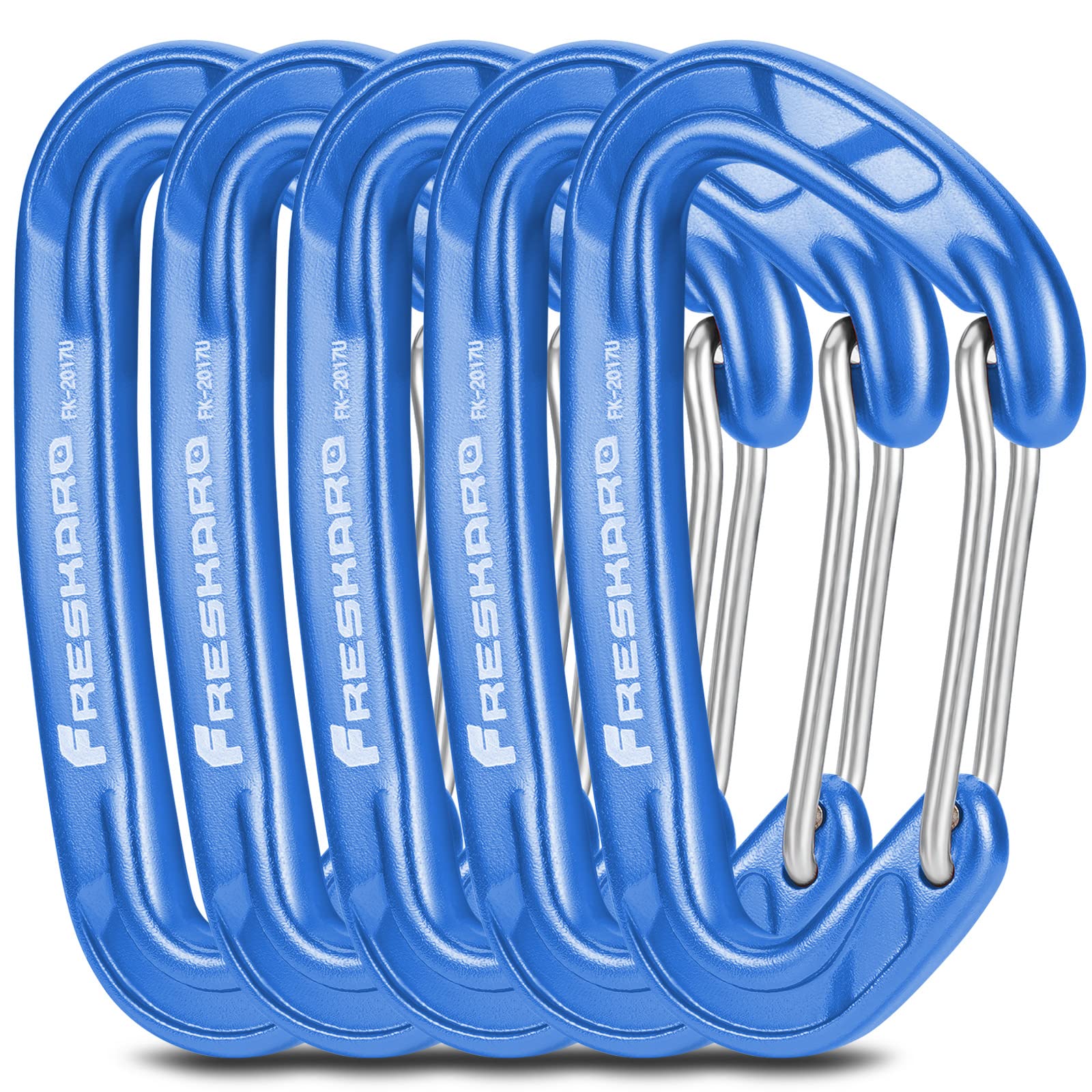 FresKaro 5pack Carabiner Clips, Carabina Clip Medium Duty, Aluminium Karabiner Small Sturdy, Quick Release Spring Snap Wire-gate Hook, 8kN 816kg, for Key Keyring Camping, Bottle Holder, Mini, Blue