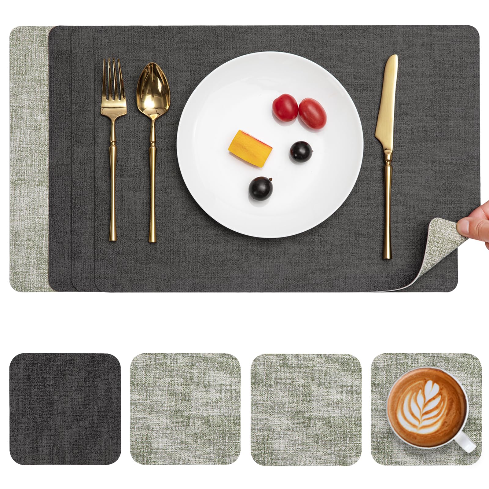 Myir JUN Placemats and Coasters Set of 4, Place Mats Dual Sided Faux Leather Table Mats PU Indoor Outdoor Heat Resistant Placemat Square Non Slip Wipeable Washable Dining Restaurant โ image 1
