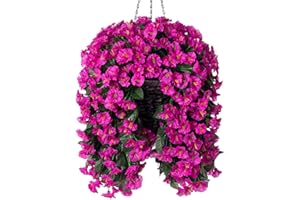 HOPPWODD Artificial Fake Hanging Flowers Plants Basket for Outdoor Winter Summer Decoration, Faux Silk UV Resistant Look Real Fuchsia Morning Glory Long Stems in Planter for Outside Porch Patio Balcony Home