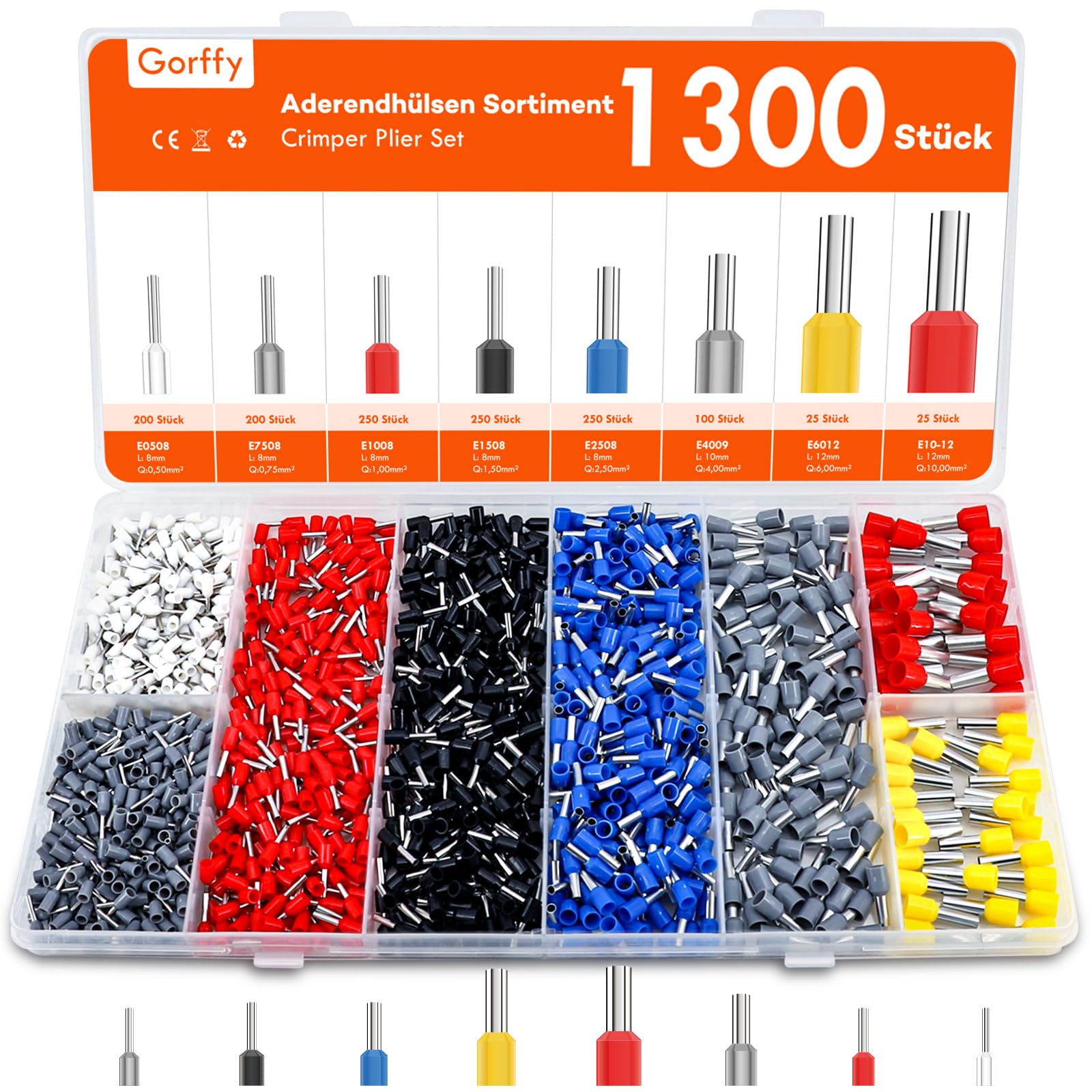 Gorffy Wire Ferrules Kit 1300 Pcs, 0,5mm² - 10mm² Ferrule Crimp Connectors, Insulated Cable Ferrules Assortment, Crimp Terminals Wire Ferrule Set for Wire Connection