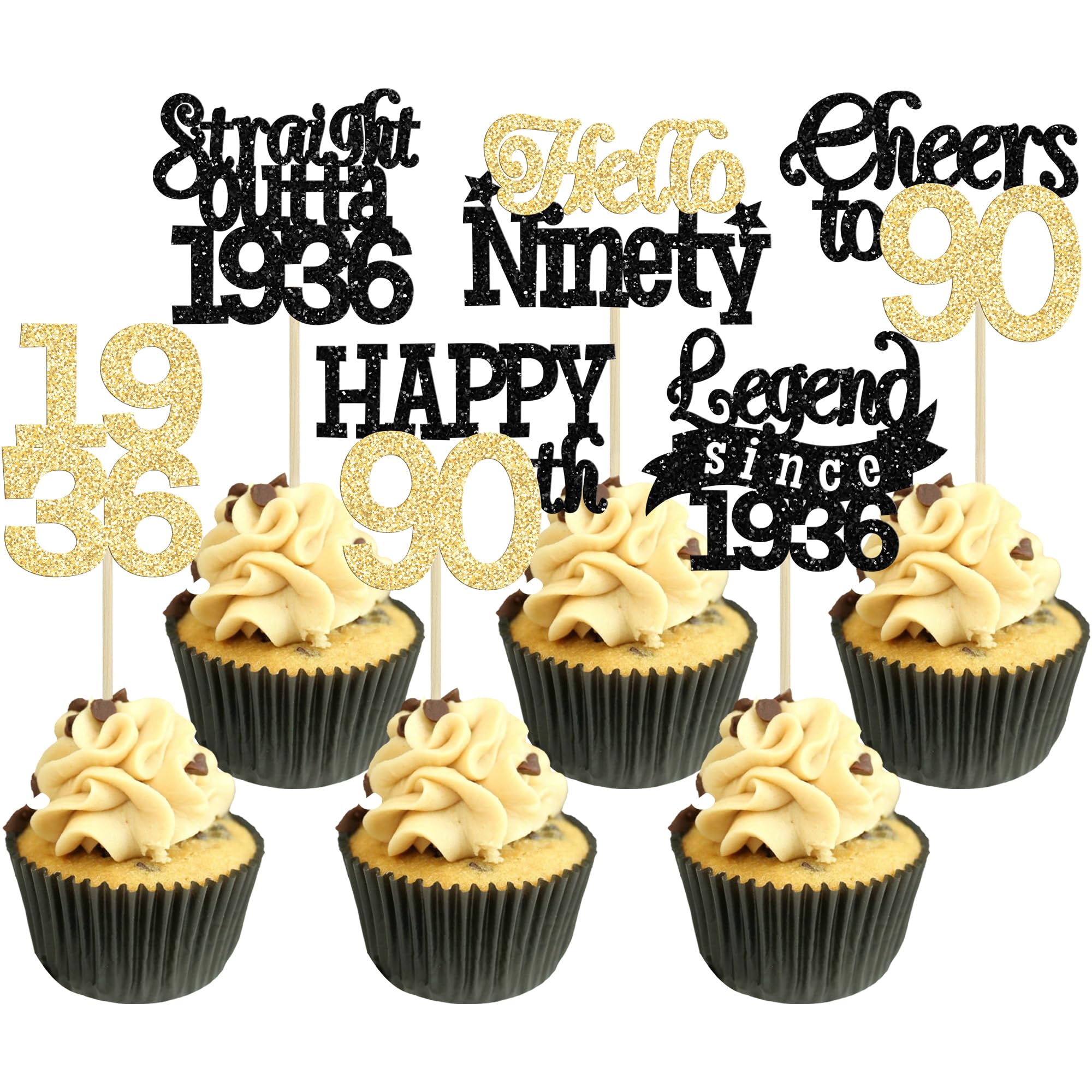 Gyufise 24Pcs Happy 90th Birthday Cupcake Toppers Hello Ninety Legend Since 1936 Cupcake Picks Cheers to 90 Years Cake Decorations for 90th Birthday Anniversary Party Supplies Black Gold