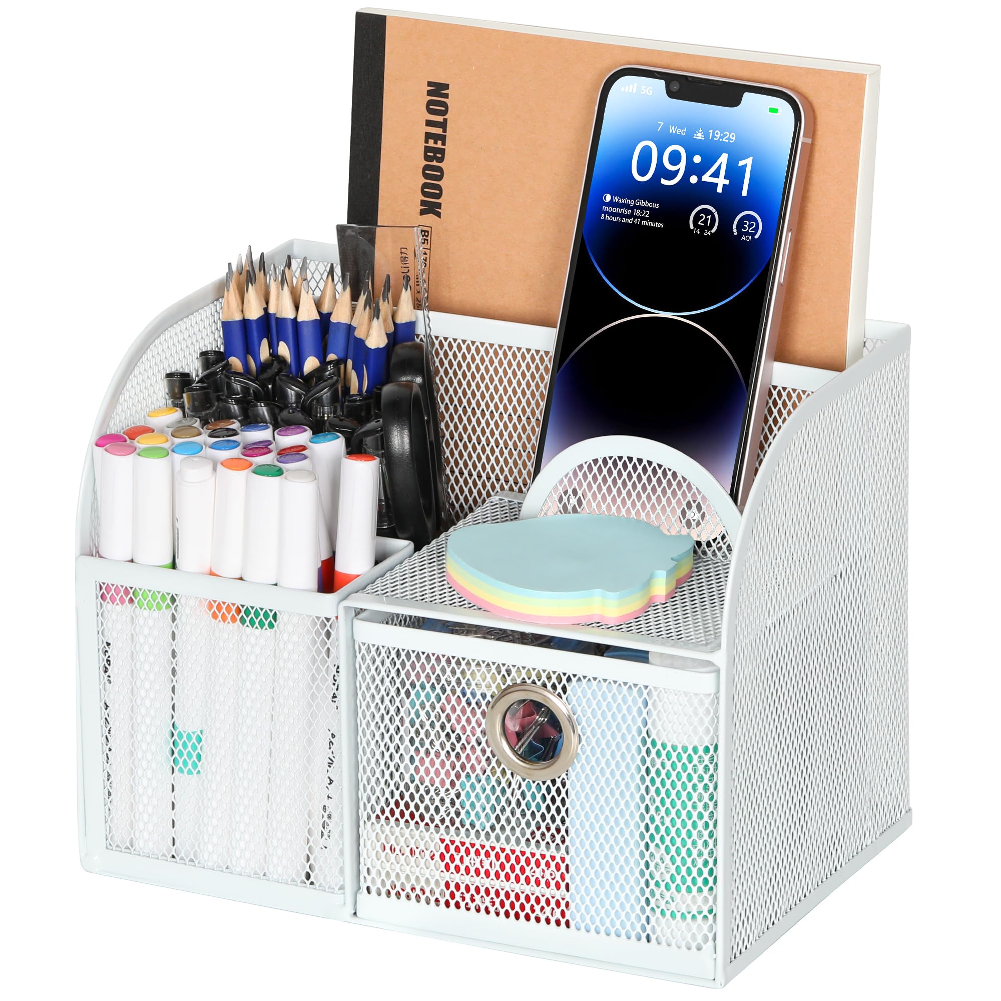 TQVAI Mesh Desk Organiser Multi-Functional Pen Holder with Drawer Desk Tidy Organisder with 3 Compartments Office Supply Pen File Holder for School Home Office Supplies, White