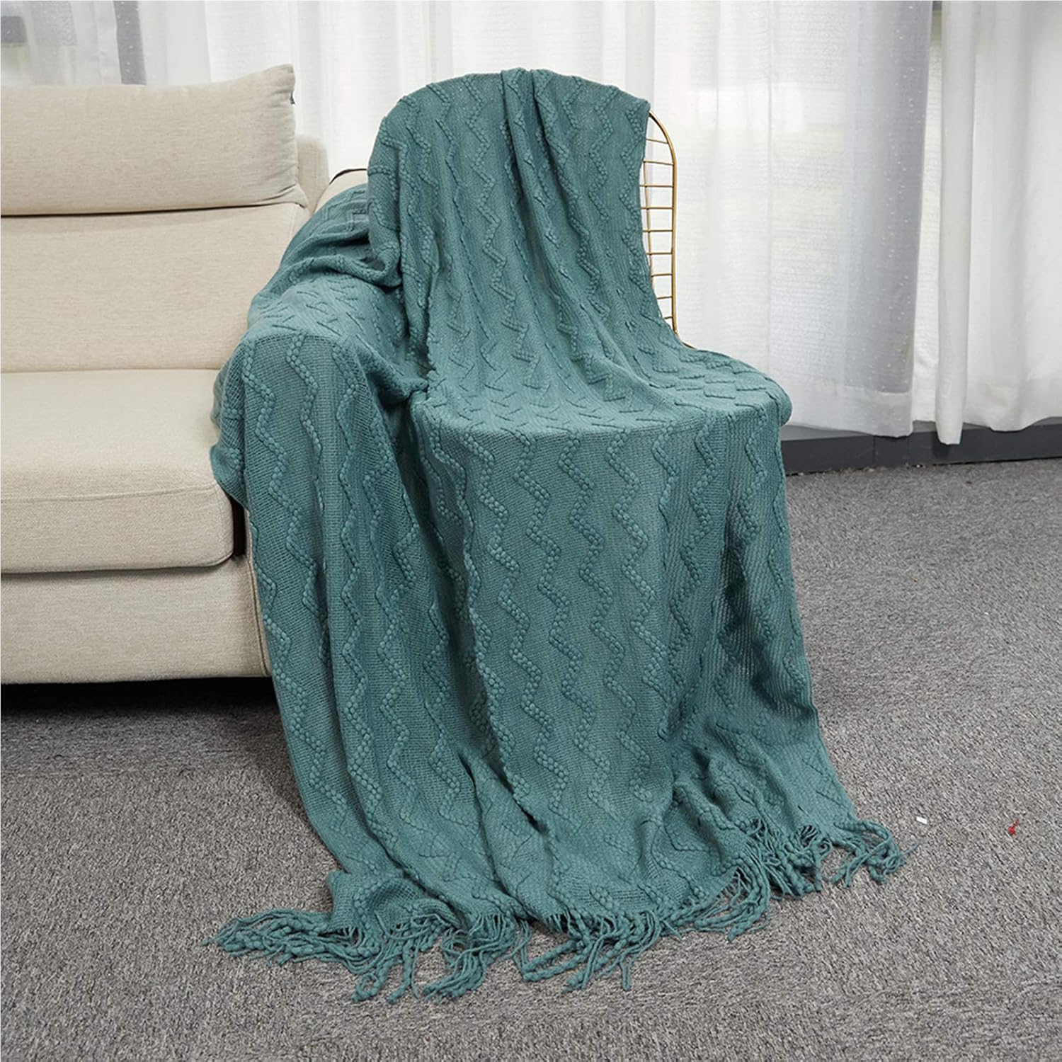 INSHERE Dark Green Solid Color Knit Woven Throw Blanket with Tassels Fringe Soft Warm Lightweight Cover Autumn Home Decor Decorative for Couch Bed Chair Sofa Living Room 49''x78'': Kitchen & Dining