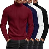 August Alley 4 Pack Men's Ribbed Turtleneck Shirts, Cotton Long Sleeve Slim Fit Mock Neck Tops Lightweight Pullover Sweaters(Wine Red, Navy, Black, White,X-Large)