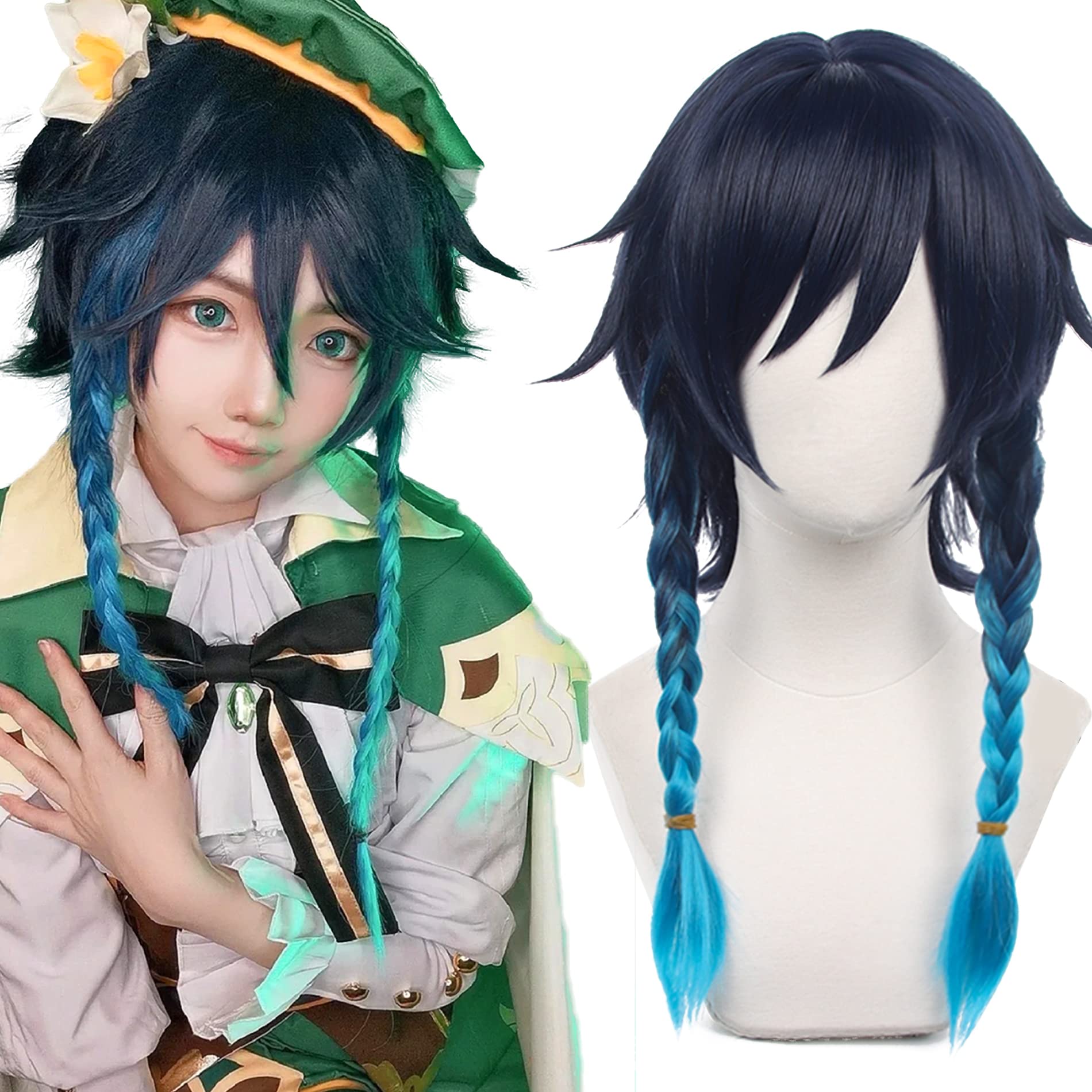 Dark Blue Gradient Double Braids Cosplay Wig with Bangs Heat Resistant Synthetic Hairs for Women Men Halloween Cos Anime Party Replacement Wigs — image 1