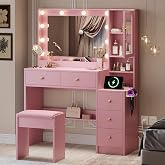 TOKSOM Makeup Vanity with Lights &amp; Charging Station, Pink Vanity Table with 5 Drawers &amp; Open Storage Shelves, Bedroom Makeup Dressing Table Set for Women Girls Round Handles
