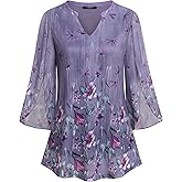 VALOLIA Women's 3/4 Sleeve Floral Tunic Tops V Neck Double Layers Loose Fit Mesh Blouses Shirt