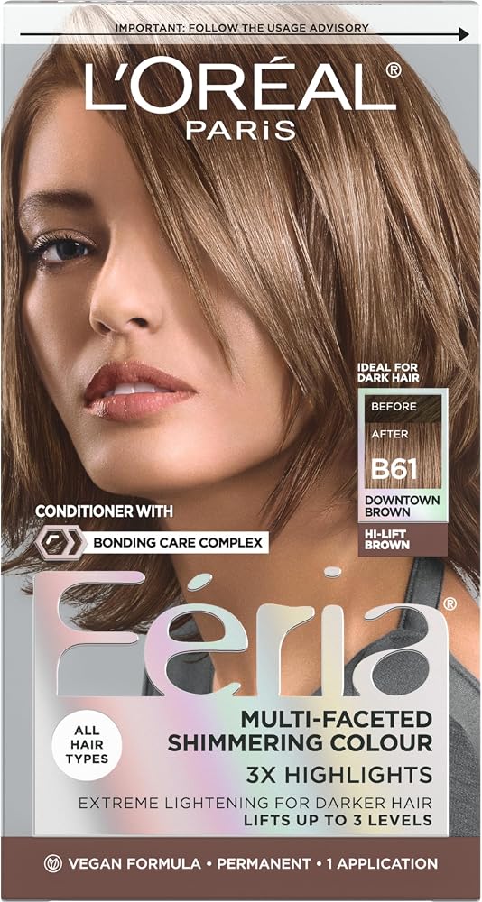L'Oreal Paris Feria Multi-Faceted Shimmering Permanent Hair Color, B61 Downtown Brown (Hi-Lift Cool Brown), 1 Hair Dye Kit