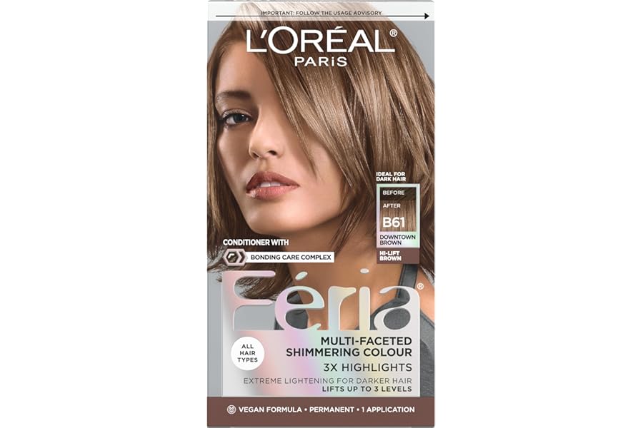 L’Oreal Paris Feria Multi-Faceted Shimmering Permanent Hair Color, B61 Downtown Brown (Hi-Lift Cool Brown), Pack of 1, Hair Dye