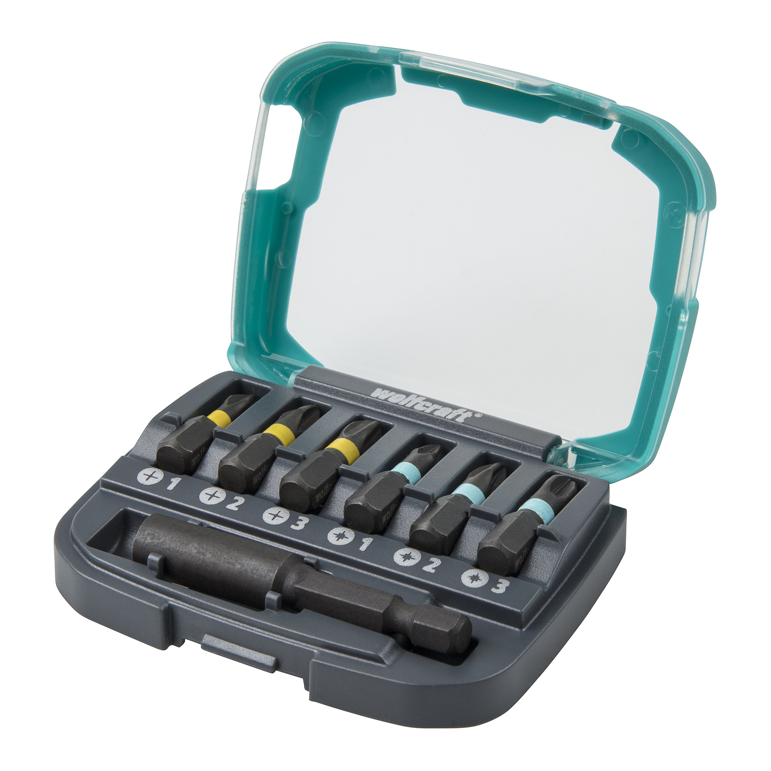 wolfcraft Impact Bit Box, Crosshead (PH/PZ 1-3), 7 Pcs. I 2974000 I 6 Specially Hardened Impact bits for Impact Mode, in Various Sizes, incl. bit Holder