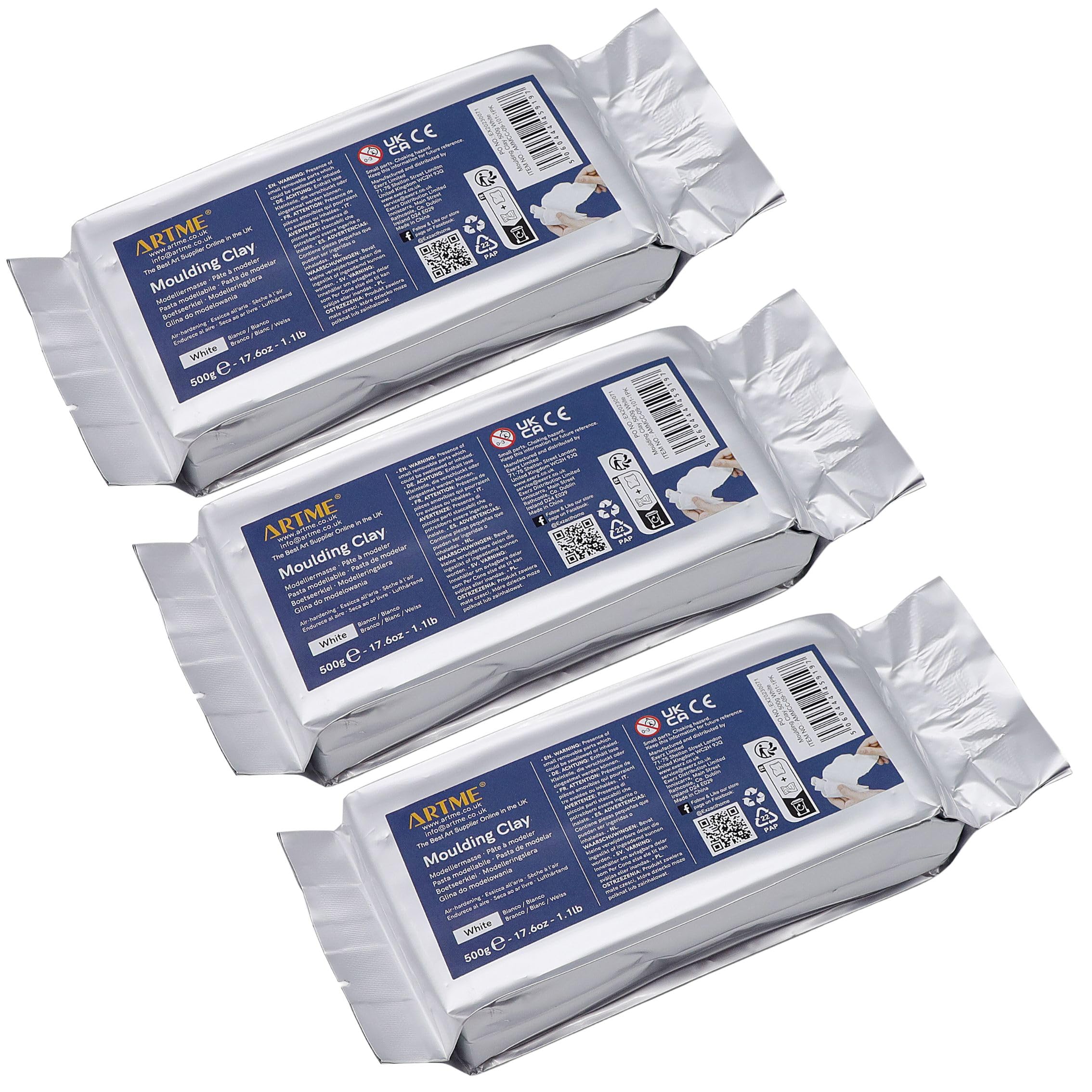 ARTME Modelling Clay White 1500g (500g x 3pk) Air Hardening for Arts and Creative Crafting - Air-Dry, Individual Package 500g x 3pk