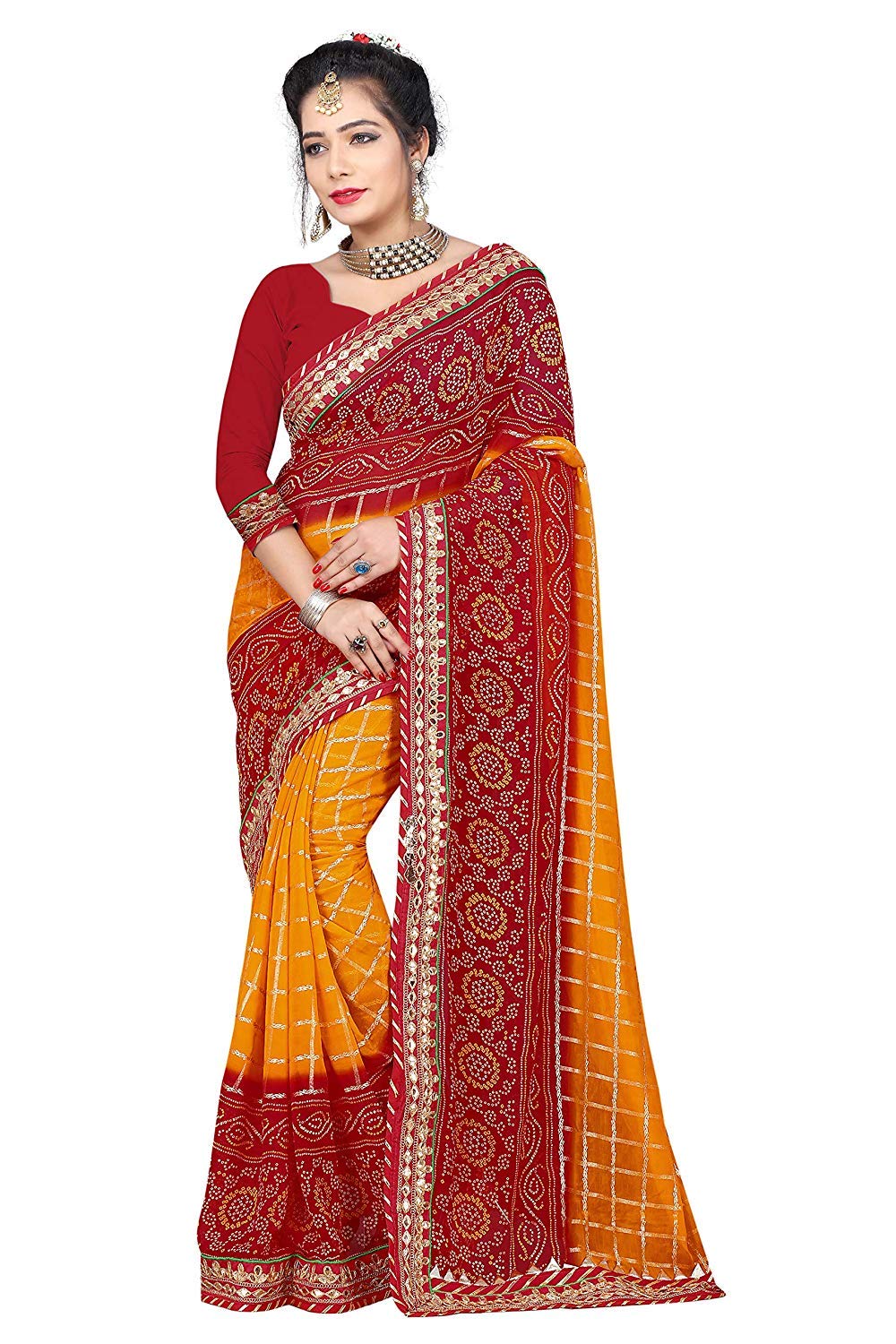 Sangria Rajasthani BANDEJ Women's Bandhani Print GOTA Less Border Saree with Blouse Piece