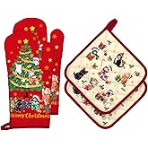 Arquiel Christmas Tree Cat Oven Mitts and Pot Holders Sets 4Pcs, 100% Cotton Heat Resistant, Extra Long Oven Gloves Potholder for Kitchen Cooking Baking Decoration