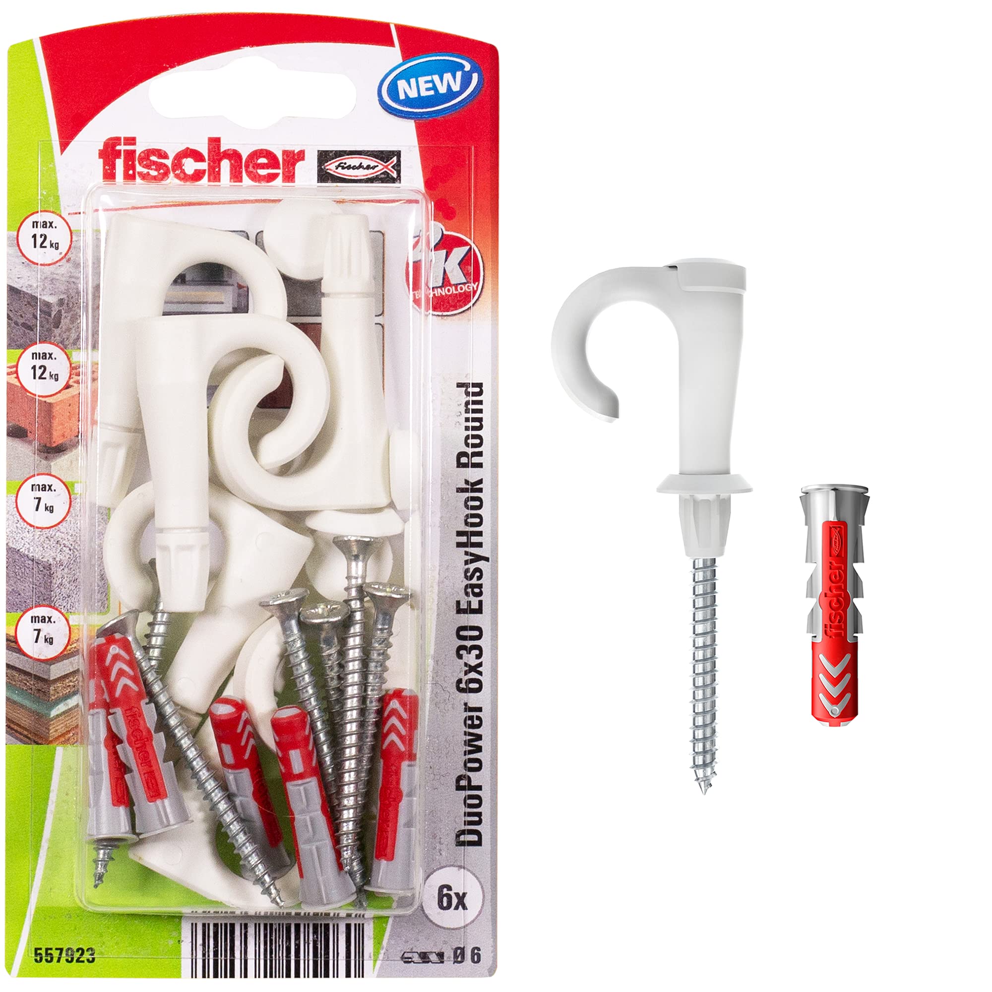 fischer EasyHook Round K (6), Set of 6 Round Hook Screws & DuoPower 6 x 30 Plugs, chipboard Screws with Hooks, Flexible Screw Hooks for mounting in numerous Building Materials