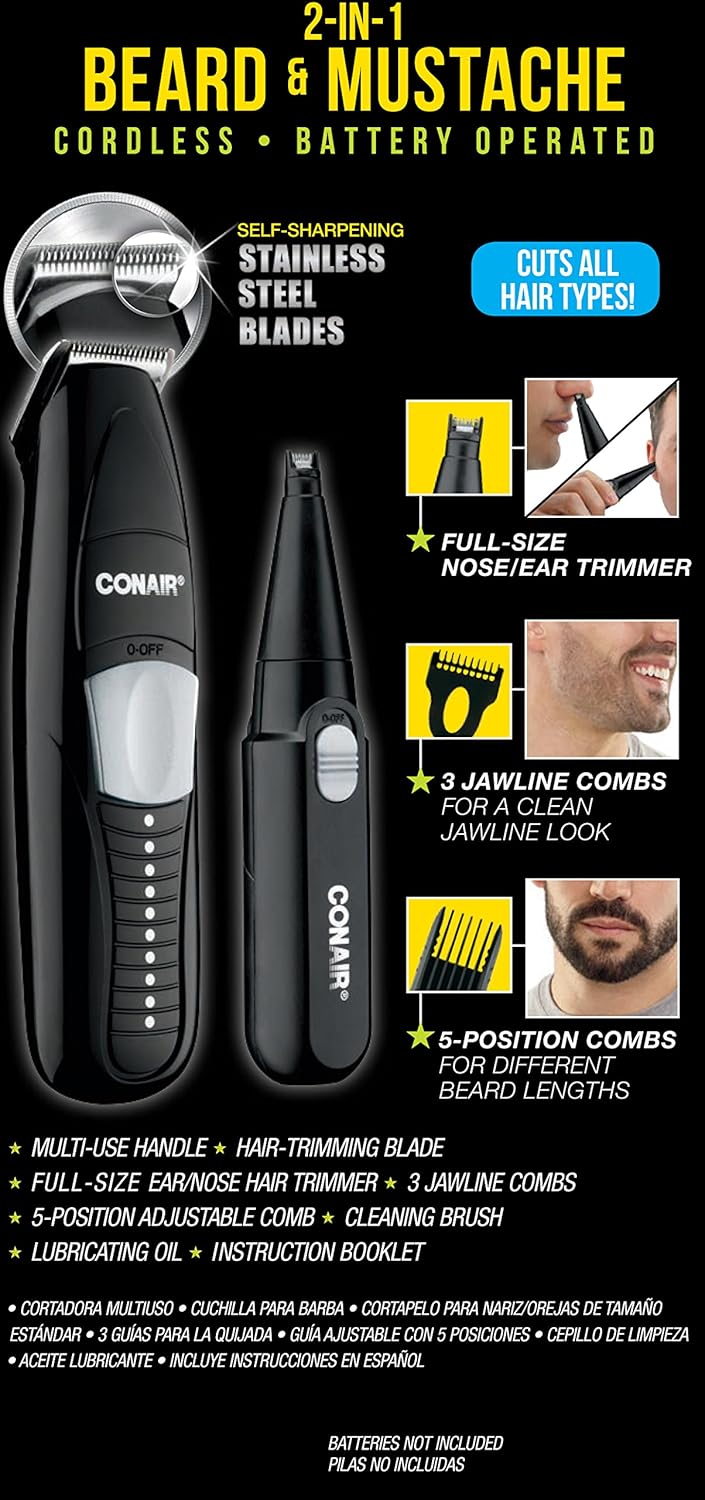 Conair For Men 2 In 1 Beard Mustache Trimmer Cordless Battery
