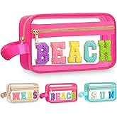 Pinkunn Chenille Letter Bag Clear Makeup Pouch Cute Preppy Letter Patch Cosmetic Bag with Zipper Nylon Waterproof Portable Travel Purse Toiletry Organizer for Appreciation Gift(Rose Pink,Beach)