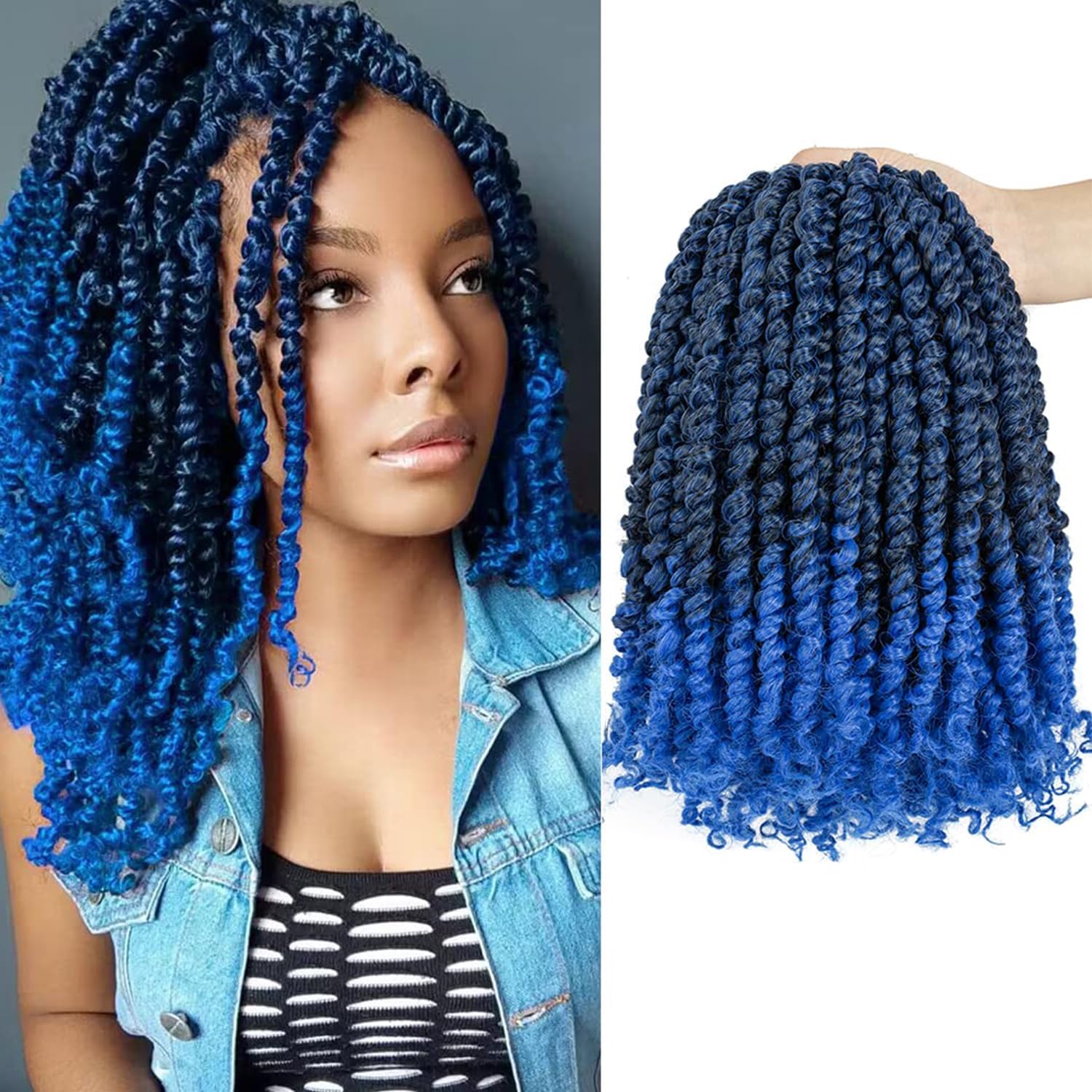 Passion Twist Hair 12 Inch 8 packs Pretwisted Pre-Looped Crochet Hair YDDM Passion Twist Braids Crochet Short pretwisted Hair Extension (12 Inch, 1B/Blue#) — image 1