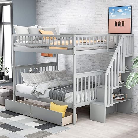 Amazoncom Wood Bunk Beds With Storage Drawers Full Over Full Bunk Bed With Stairs 2 Drawers And Storage Shelves For Kids Teens Adult Bedroom Furniture No Box Spring Needed Grey Kitchen