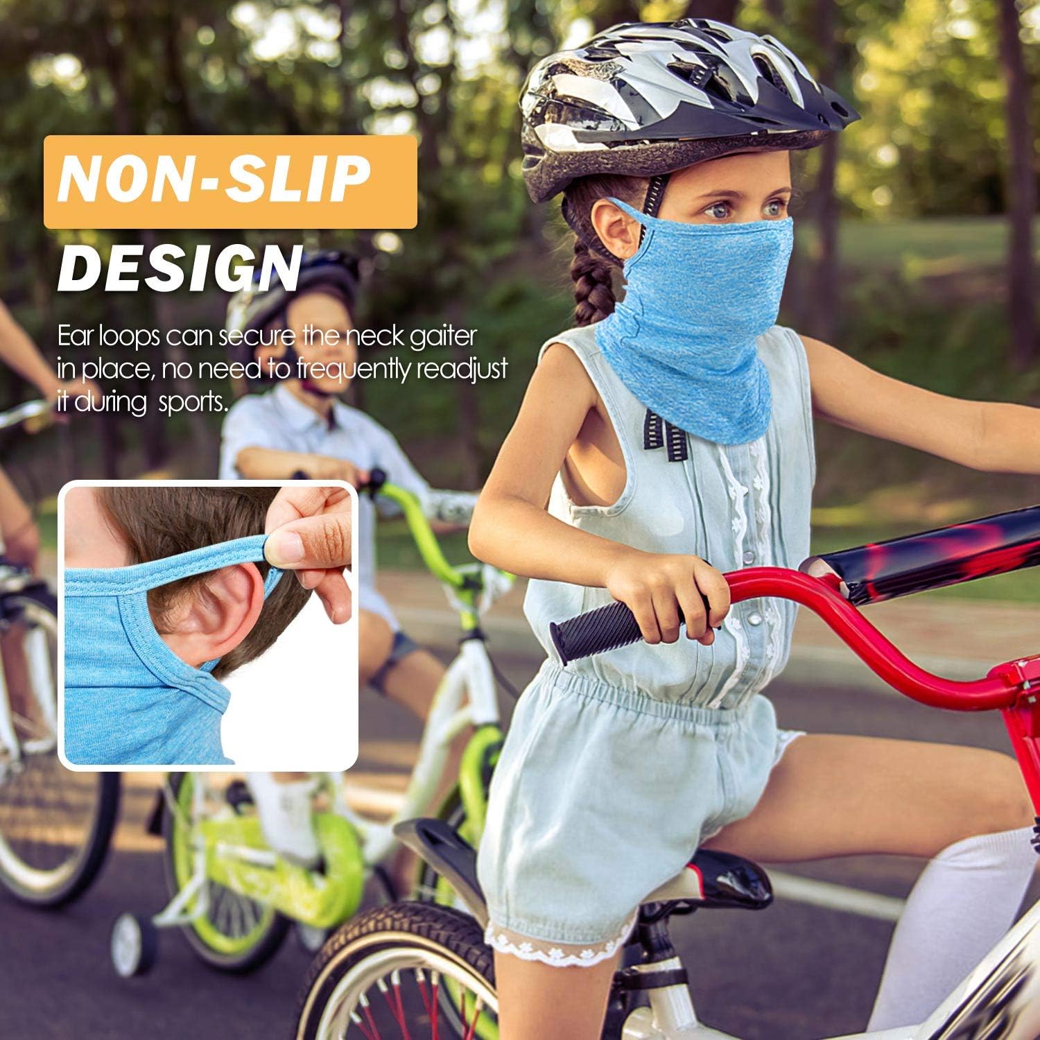 MoKo Kids Neck Gaiter Face Mask, 3 Pack Scarf Bandana Mask with Ear Loops for Kids Balaclava UV Sun Protection Dust Wind Proof Children Outdoors Cycle Skating Bandanas Headband for Girls Boys: Computers & Accessories