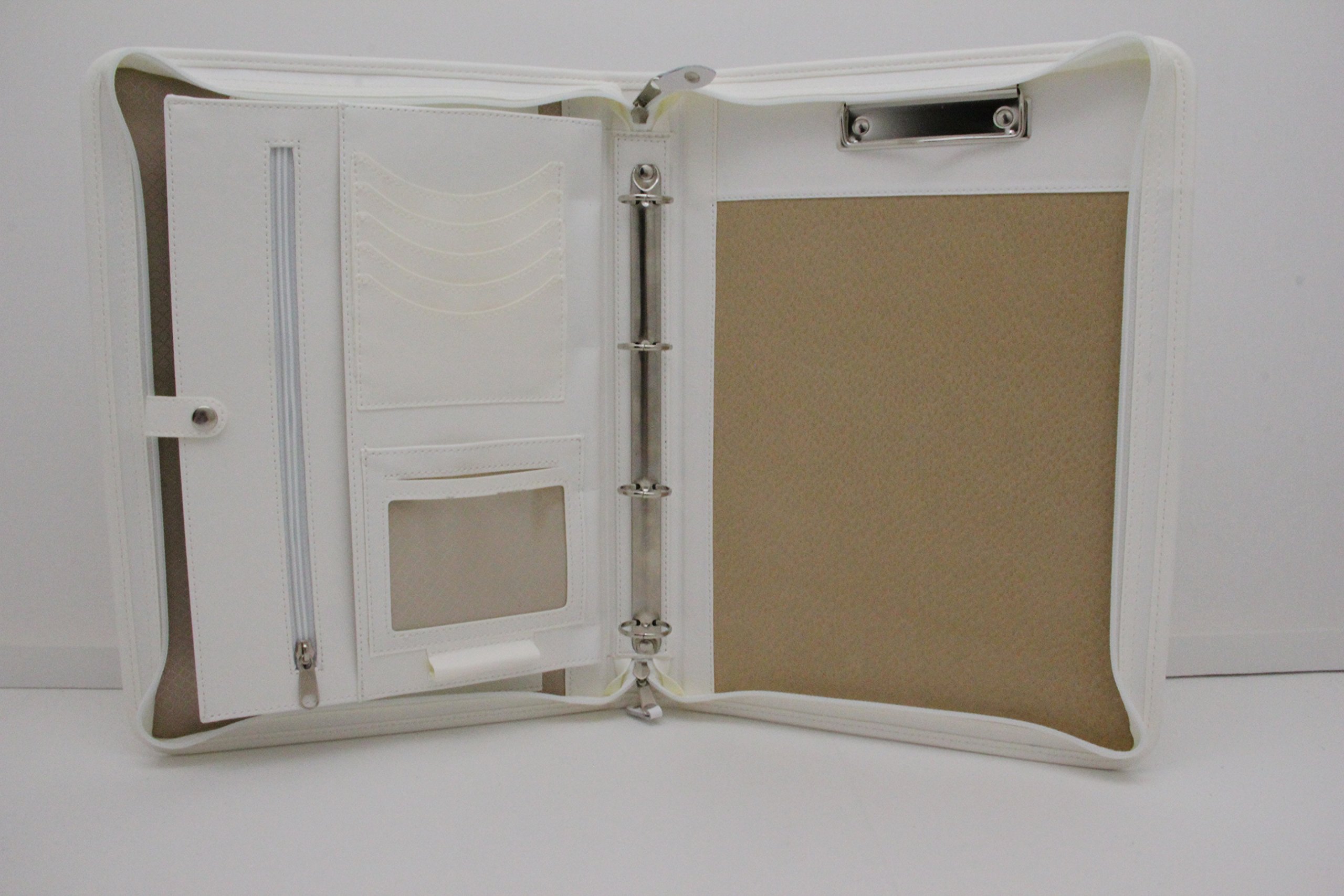Noda Faux Pu Leather Zipped Business Conference A4 Folder Padfolio Ring Binder with Clipboard (White)