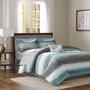 Madison Park Saben Comforter Bag Ultra Soft Down Alternative Hypoallergenic W/Cotton Texture Printed Sheets All Season Bedding-Set, King, Aqua