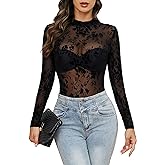 GAMISS Mesh Top for Women Long Sleeve Mock Neck Mesh Shirt Sheer Top Solid Floral Tee Shirts S-XXL