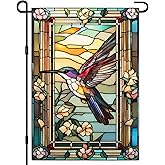 KNAPAL Hummingbird Garden Flag 12×18 Inch Spring Summer Flowers Garden Flag 3Ply Polyester Double Sided Retro Glass Style Garden Flags for House Outdoor Indoor Yard Outside Garden Decor