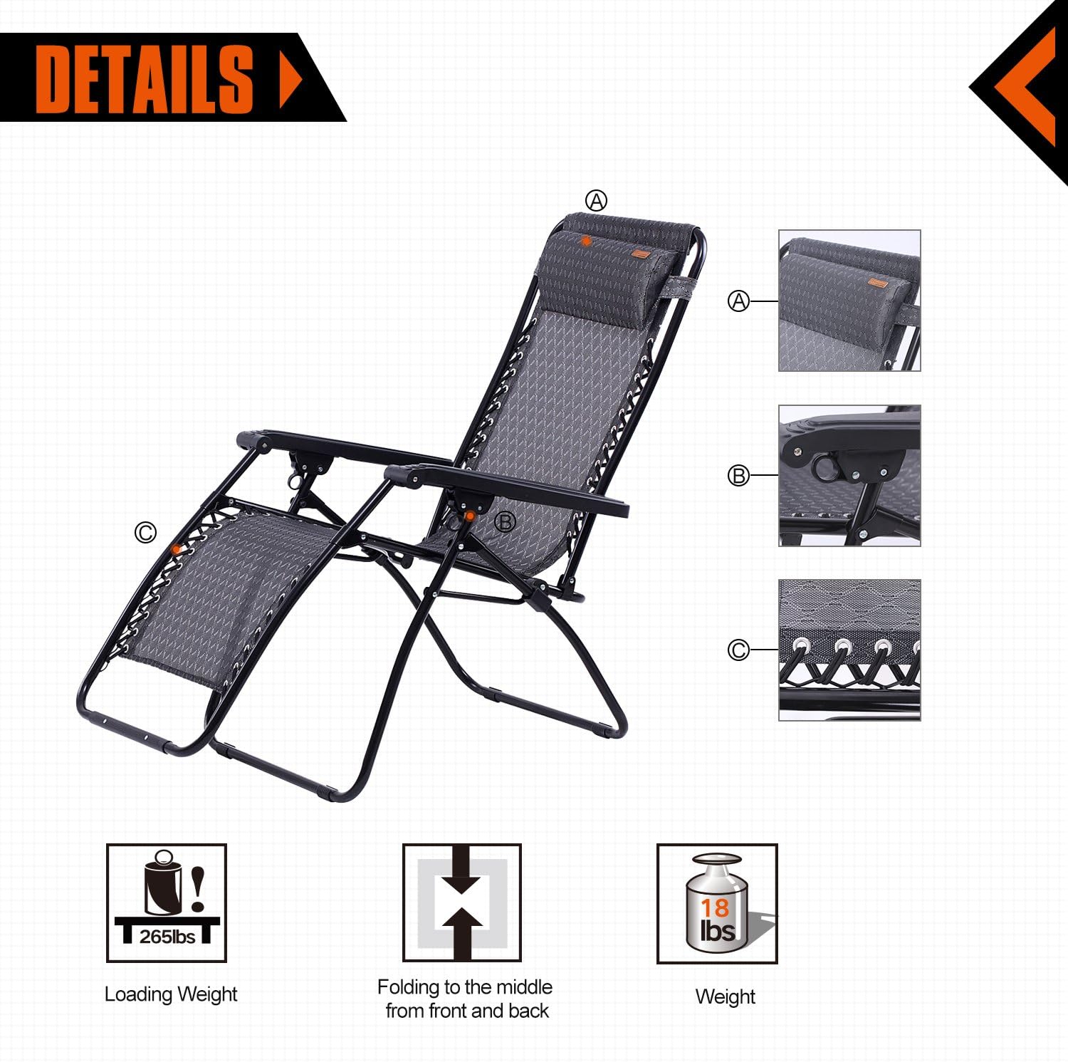 KingCamp Zero Gravity Lounger Patio Chair Textilene Folding Reclining Oversized Free-Adjustable with Headrest Pillow for Garden Outdoor Yard Beach Support 264lbs, Gray, 65 x 25.6 x 44.1 inches: Sports & Outdoors