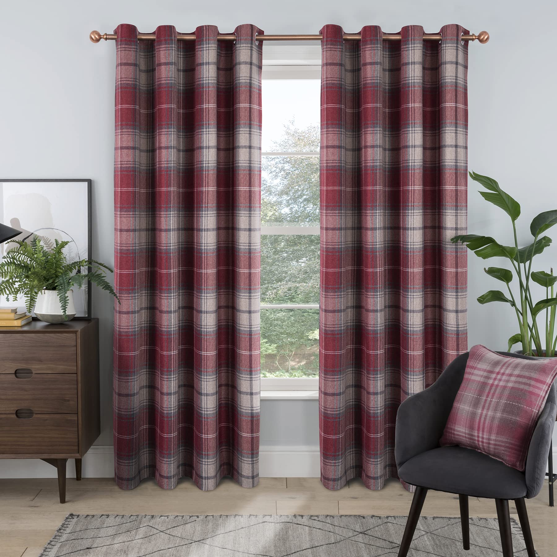 always4u Red Check Curtains Eyelet Tartan Curtain for Living Room Bedroom Highland Woolen Look Red Checked Fully Lined Pair of 46 * 54 Inches