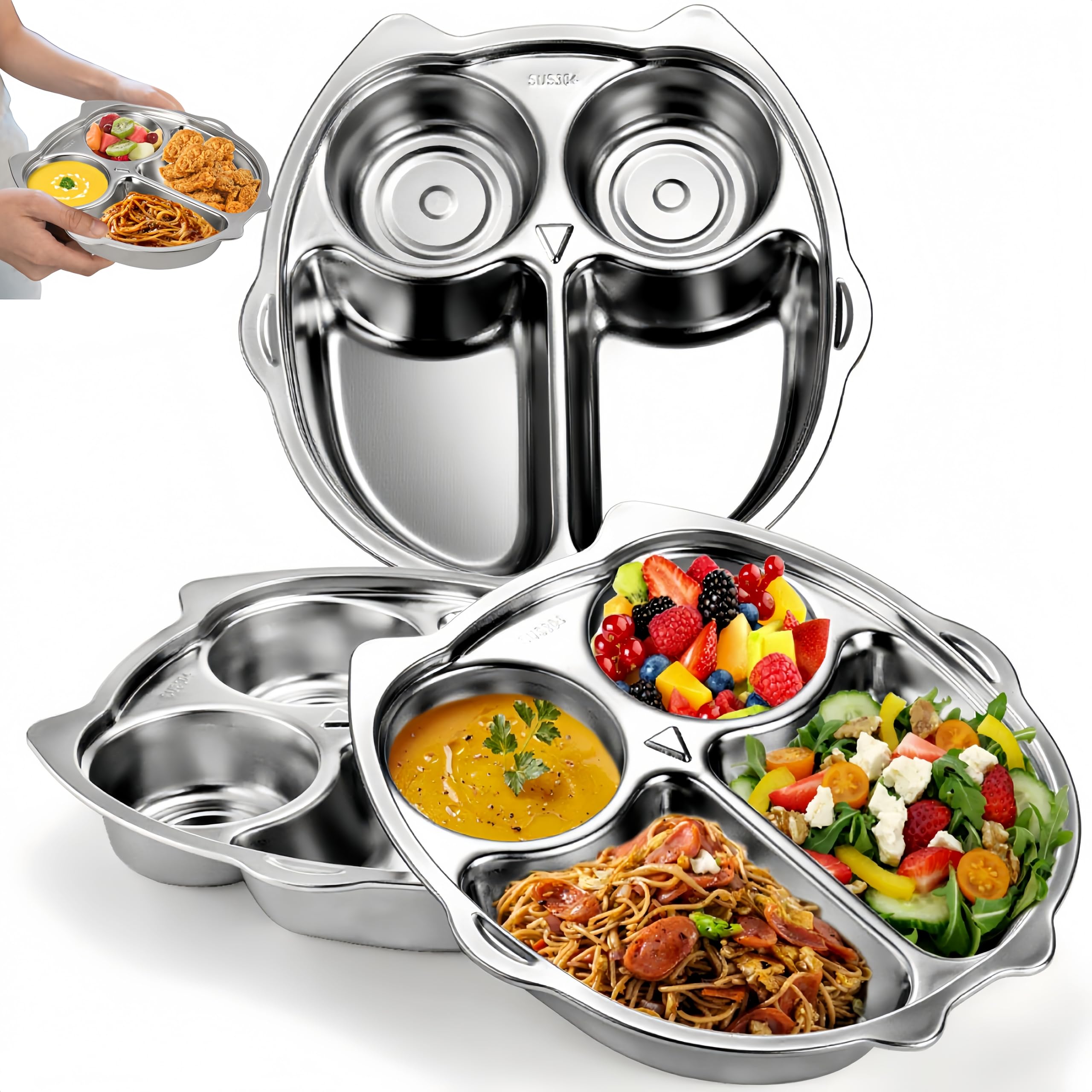 Noamus 3 Pack Stainless Steel Divided Plates, 9 Inch 304 Dinner Platter, Diet Portion Control Tray, 4 Sections Owl Shape Meal Plate for Adult Children Picky Eaters, Camping Dish Lunch Snack