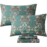 FADFAY Floral Queen Sheet Set Shabby Vintage Bed Sheet Percale Cotton Chic Teal Blue Orange American Country Style Bedding Luxury Super Soft Breathable Crisp Bed Deep Pocket Fitted Sheet 4 Pcs