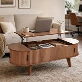 Pruchant Oval Lift Top Coffee Table with Storage, 47.2" Mid Century Modern Living Room Center Table with 180&deg; Sliding Tambour Door, Wood Fluted Coffee Table for Home Office, Walnut