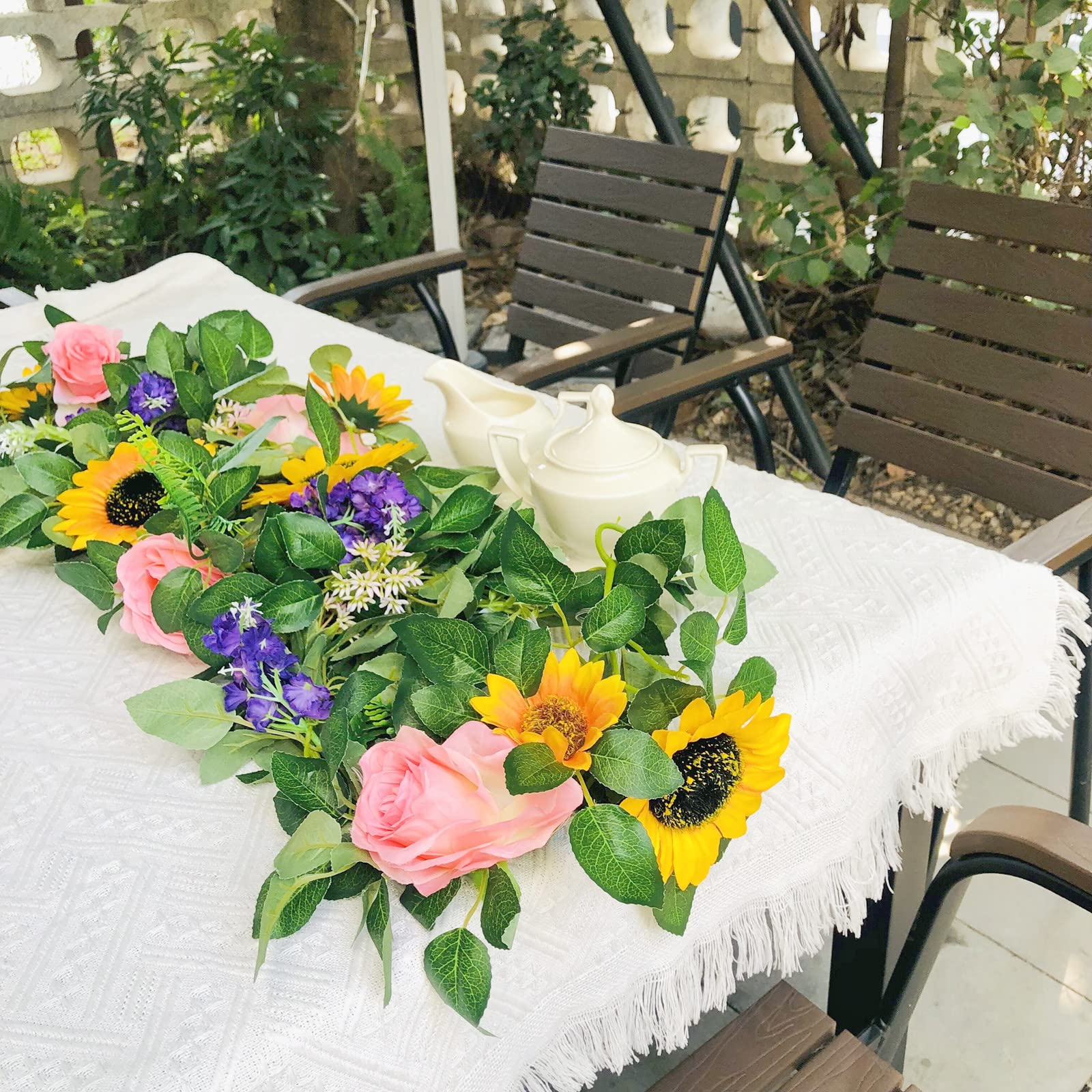 Artificial Flower Garland Fake Sunflower Rose Vines Rose Floral Garland for Boho Birthday Wedding Arch Spring Mantle Garlands Sweetheart Table Decoration (A- Sunflower Rose 1.9m)