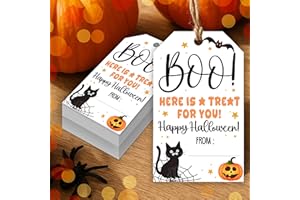 HandEasy 50 Pcs Halloween Tags with String, 2.1"×3.5" Boo Paper Gifts Tags, Black Cat Trick or Treat for Candy, Pumpkin Halloween Gifts Tag Wrap for Party Favor - B03